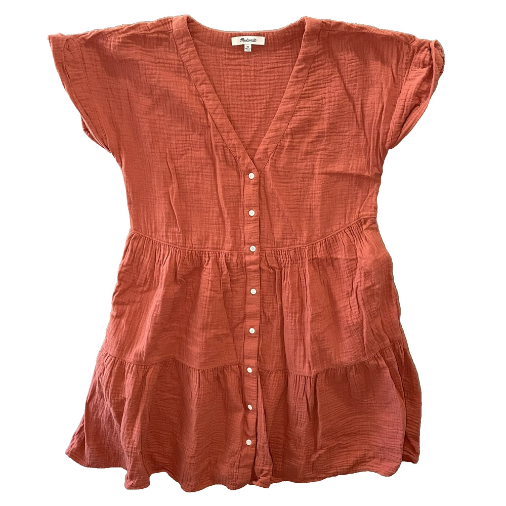 Madewell Gauze Tiered Orange V-Neck Lightweight Short Sleeve Summer Dress XS